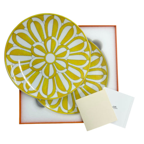 【未使用】 Hermes エルメス デザートプレート 〈ソレイユ・ドゥ・エルメス〉No2 2枚セット 食器 小物 ホワイト/イエロー ポーセン 未使用(展示品)