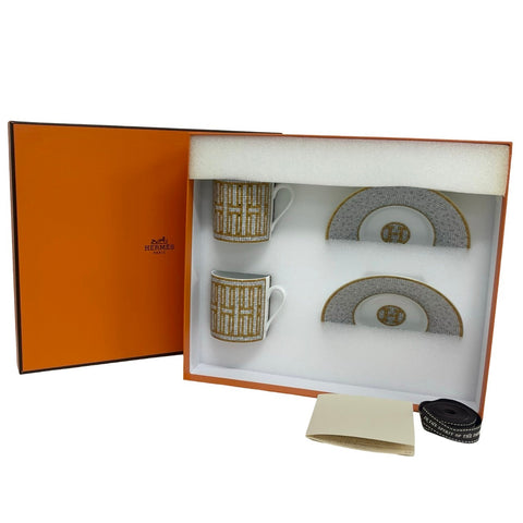 【未使用品】 Hermes エルメス コーヒーカップ&ソーサー 〈モザイク 24〉 ゴールド 小物 ホワイト/イエロー ポーセリン カップ 皿 食器 未使用(展示品)