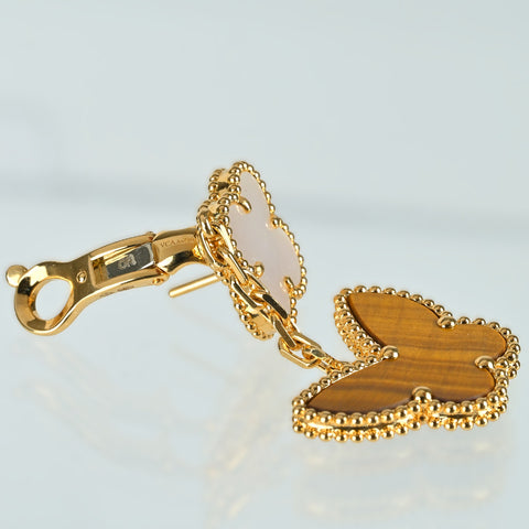 【新品未使用品】Van Cleef & Arpels ヴァンクリーフ&アーペル Lucky Alhambra Papillon 2 motifs ラッキーアルハンブラ 2モチーフイヤリング K18YG マザーオブパール/タイガーアイピアス 13.6g