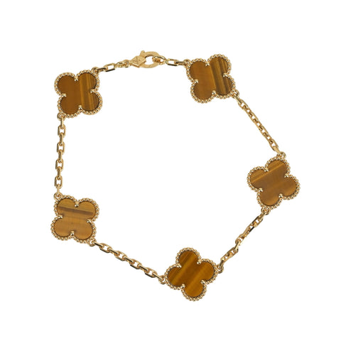 【未使用品】Van Cleef&Arpels ヴァンクリーフ&アーペル K18YG ヴィンテージ アルハンブラ ブレスレット、5モチーフ タイガーズアイ ブレスレット 11.6g