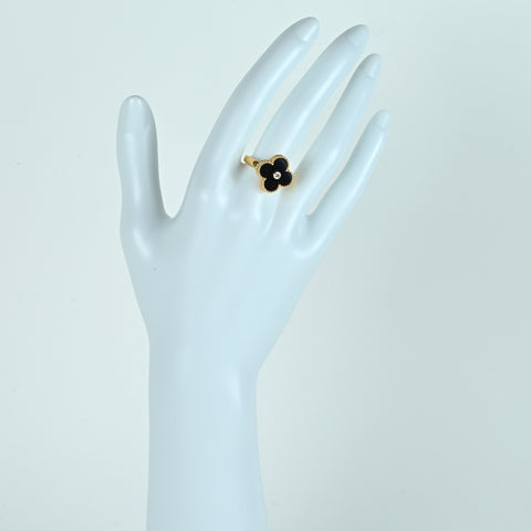 【中古】Van Cleef & Arpels K18YG VINTAGE ALHAMBRA ヴィンテージアルハンブラ オニキス ダイヤモンドリング #47 Box カード 5.3g