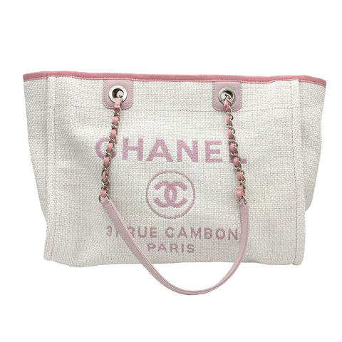 【美品】 CHANEL シャネル DEAUVILLE ドーヴィルライン トートバッグ 21番台(2015-2016年) ホワイト/ピンク キャンバス/レザー 中古 USED バッグ