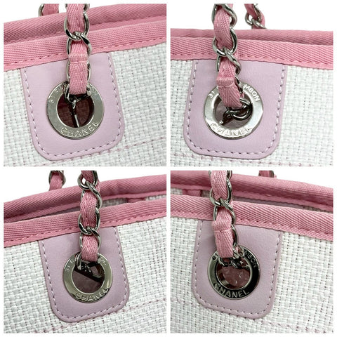 【美品】 CHANEL シャネル DEAUVILLE ドーヴィルライン トートバッグ 21番台(2015-2016年) ホワイト/ピンク キャンバス/レザー 中古 USED バッグ
