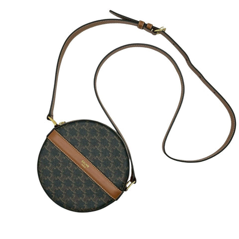【美品】 CELINE セリーヌ TRIOMPHE ROUND PURSE ラウンドパース トリオンフ ショルダーバッグ ブラウン PVC×レザー 中古 USED バッグ