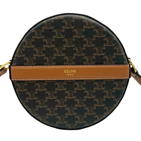 【美品】 CELINE セリーヌ TRIOMPHE ROUND PURSE ラウンドパース トリオンフ ショルダーバッグ ブラウン PVC×レザー 中古 USED バッグ