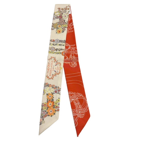 【新品未使用】Hermes エルメス ツイリー<ブリッド・ドウ・ガラ・アン・フルール&アイライナー> 小物 ヴァニーユ/オレンジ/カーキ 100%シルク 新品 100%SILK