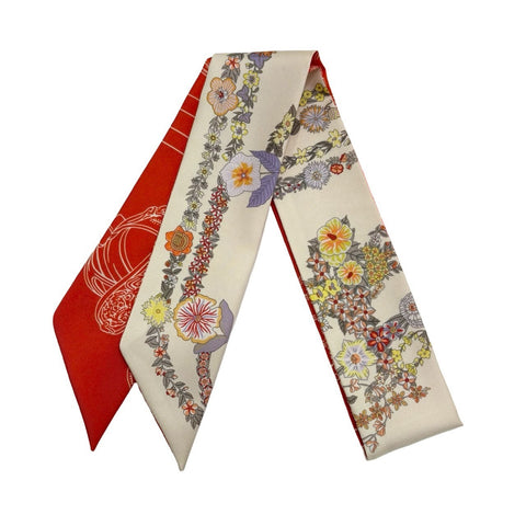 【新品未使用】Hermes エルメス ツイリー<ブリッド・ドウ・ガラ・アン・フルール&アイライナー> 小物 ヴァニーユ/オレンジ/カーキ 100%シルク 新品 100%SILK