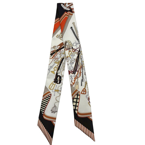 【新品未使用】 Hermes エルメス ツイリー《鞍職人の花束》 小物 白/黒/キャラメル 100%シルク 新品未使用 100%SILK