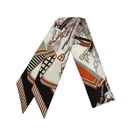 【新品未使用】 Hermes エルメス ツイリー《鞍職人の花束》 小物 白/黒/キャラメル 100%シルク 新品未使用 100%SILK