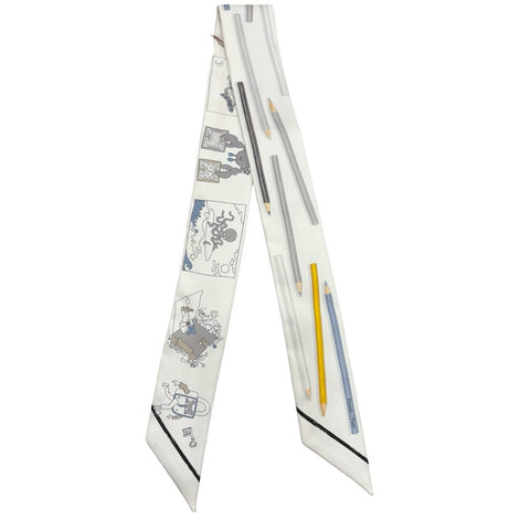 【新品未使用】 Hermes エルメス ツイリー 《さあ色鉛筆を出して!/カレ・リプレ》 小物 白/グレー/ブルー・ジーン 100%シルク 新品未使用 100%SILK