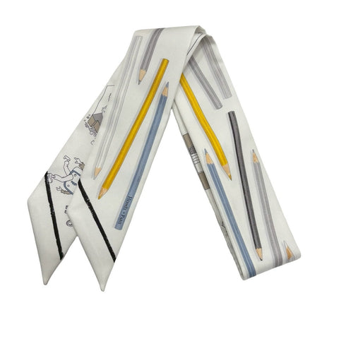 【新品未使用】 Hermes エルメス ツイリー 《さあ色鉛筆を出して!/カレ・リプレ》 小物 白/グレー/ブルー・ジーン 100%シルク 新品未使用 100%SILK