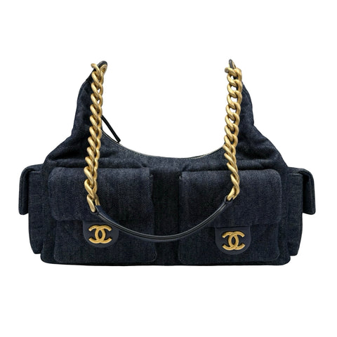 【美品】CHANEL シャネル HOBO BAG ホーボバッグ ショルダーバッグ ICチップ(2025年) ネイビー系 デニム 中古 USED バッグ 2025年新作
