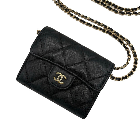 Pre-owned CHANEL Matelasse Chain Wallet, Random Number (2021 and later), Black Caviar Leather, Pre-owned Bag