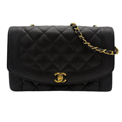 【中古】 CHANEL シャネル MATELASSE DIANA FLAP CHAIN SHOULDER BAG マトラッセダイアナフラップチェーンショルダーバッグ 3番台(1995年) ブラック キャビアスキン 中古 USED バッグ