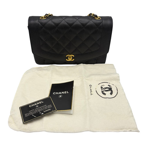 【中古】 CHANEL シャネル MATELASSE DIANA FLAP CHAIN SHOULDER BAG マトラッセダイアナフラップチェーンショルダーバッグ 3番台(1995年) ブラック キャビアスキン 中古 USED バッグ