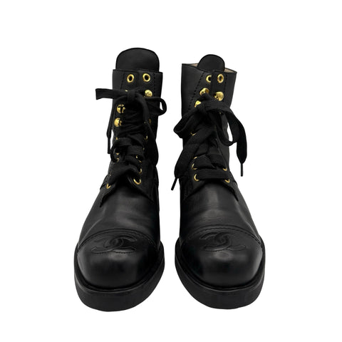 【中古】 CHANEL シャネル COCOMARK LACE-UP BOOTS ココマークレースアップブーツ 37 USED 中古 VINTAGE ITEM SHOES 靴