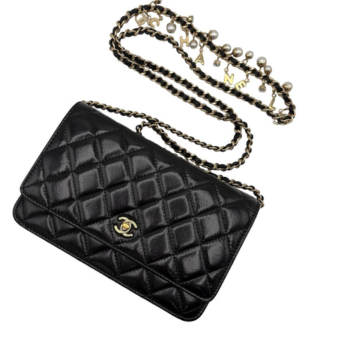 【中古】 CHANEL シャネル PEARL CHARMS WALLET ON CHAIN BAG パールチャームチェーンウォレット チェーンウォレット 27番台(2018~2019年) ブラック カーフスキン 中古 USED バッグ