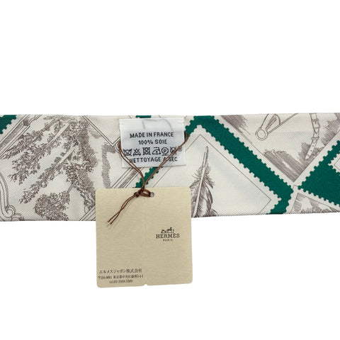 【新品未使用】Hermes エルメス 《フォーブルの切手愛好家》 ツイリー グリーン/ノワゼット/ブルー シルク100% 新品未使用