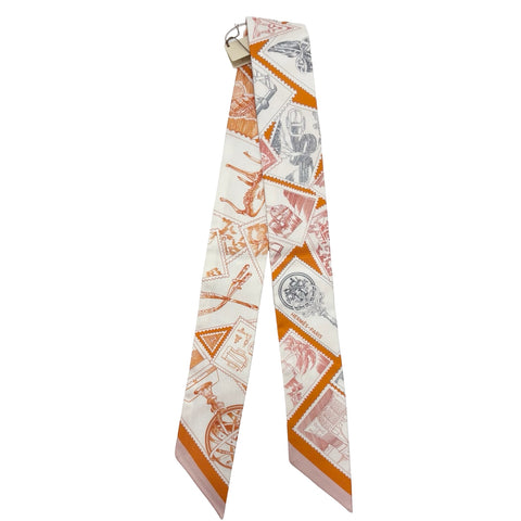 【新品未使用】 Hermes エルメス 《フォーブルの切手愛好家》 ツイリー オランジュ・キュイ/グレー/コライユ シルク100% 新品未使用