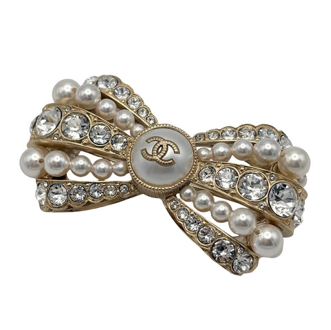 【中古】 CHANEL シャネル BROOCH リボン ブローチ GP/フェイクパール/ラインストーン 中古