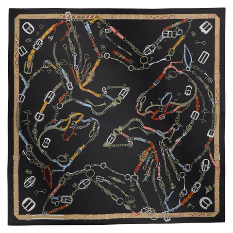 【新品未使用】 Hermes エルメス カレ 90 《シュヴォー・デシェネ》 小物 黒 / カーキ / グレー シルク100% 新品未使用