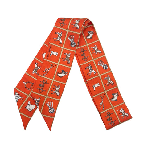 【新品未使用】 Hermes エルメス TWILLY《Couvertures et Tenues De》 ツイリー《馬着》 TWILLY ヴォーミリオン/ベージュ/ホワイト シルク100% 新品未使用 SILK100%