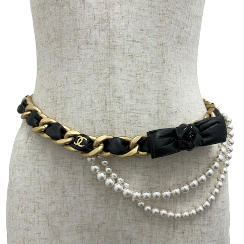 【中古】 CHANEL シャネル CHAIN BELT チェーンベルト BELT GP/レザー/模造真珠 中古