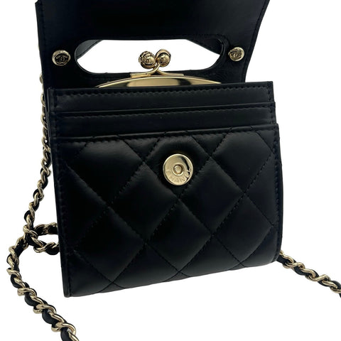 【中古】 CHANEL シャネル CHAINWALLET チェーンウォレット がま口 ランダム番(2021年~) ブラック カーフスキン 中古USED バッグ