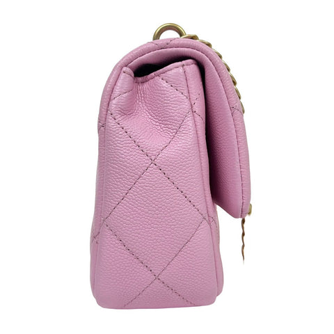 【中古】 CHANEL シャネル MINI MATELASSE ミニマトラッセ ハート金具 フラップバッグ ショルダーバッグ ランダム番(2021年~) ピンク キャビアスキン 中古 USED バッグ