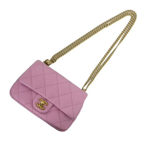 【中古】 CHANEL シャネル MINI MATELASSE ミニマトラッセ ハート金具 フラップバッグ ショルダーバッグ ランダム番(2021年~) ピンク キャビアスキン 中古 USED バッグ