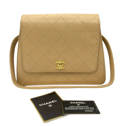 【中古】 CHANEL シャネル MATELASSE HANDBAG マトラッセハンドバッグ ショルダーバッグ 5番台(1999-2000年) ベージュ系 キャビアスキン ヴィンテージ 中古 USED バッグ