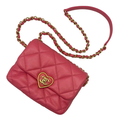 【美品】 CHANEL シャネル MINIFLAPBAG ミニフラップ ショルダーバッグ ランダム番(2021年~) ピンク ラムスキン ハート 中古 USED バッグ