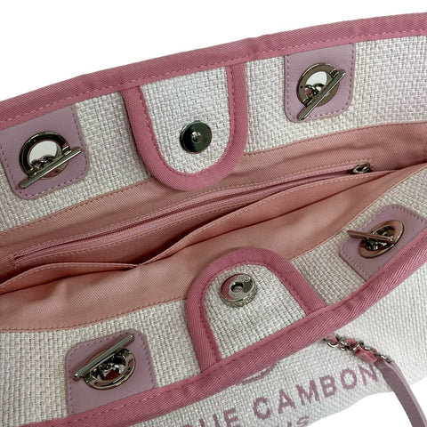 【美品】 CHANEL シャネル DEAUVILLE ドーヴィルライン トートバッグ 21番台(2015-2016年) ホワイト/ピンク キャンバス/レザー 中古 USED バッグ