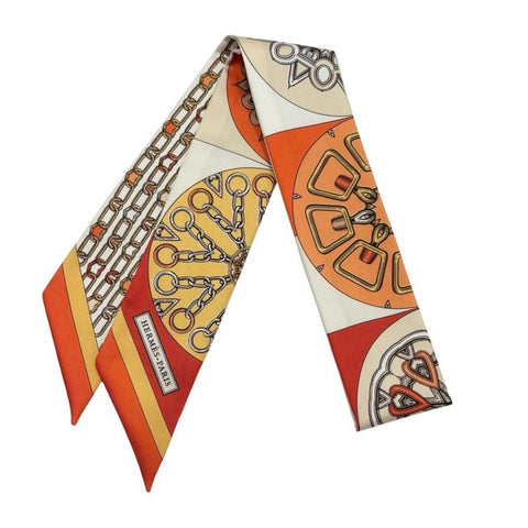 【新品未使用】Hermes エルメス ツイリー<カレイドスコープ・エフェクト> 小物 オレンジ/白/ヴァーミリオン 100%シルク 新品 100%SILK