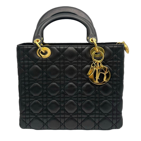 【中古】Christian Dior クリスチャン ディオール LADY DIOR MM レディデイオール MM ハンドバッグ **-**-1016(2006年) ブラック ラムスキン 中古 BLACK LAMBSKIN USED バッグ