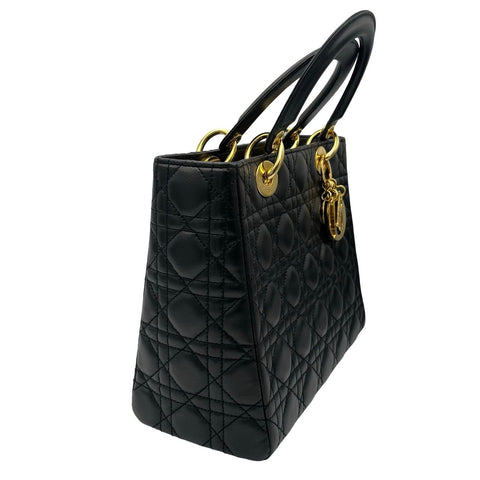 【中古】Christian Dior クリスチャン ディオール LADY DIOR MM レディデイオール MM ハンドバッグ **-**-1016(2006年) ブラック ラムスキン 中古 BLACK LAMBSKIN USED バッグ