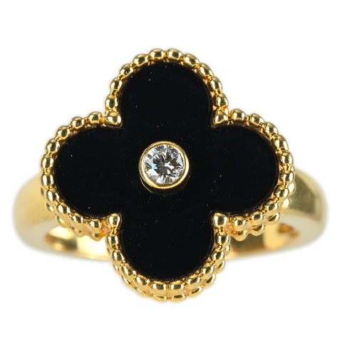【中古】Van Cleef ＆ Arpels K18YG VINTAGE ALHAMBRA ヴィンテージアルハンブラ オニキス ダイヤモンドリング ＃47  Box カード 5.3g