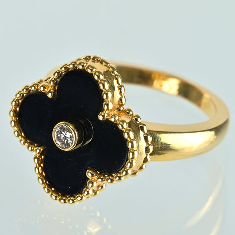 【中古】Van Cleef ＆ Arpels K18YG VINTAGE ALHAMBRA ヴィンテージアルハンブラ オニキス ダイヤモンドリング ＃47  Box カード 5.3g
