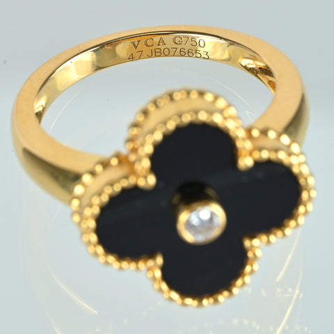 【中古】Van Cleef ＆ Arpels K18YG VINTAGE ALHAMBRA ヴィンテージアルハンブラ オニキス ダイヤモンドリング ＃47  Box カード 5.3g