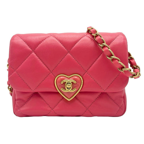 【美品】 CHANEL シャネル MINIFLAPBAG ミニフラップ ショルダーバッグ ランダム番(2021年～) ピンク ラムスキン ハート 中古 USED バッグ