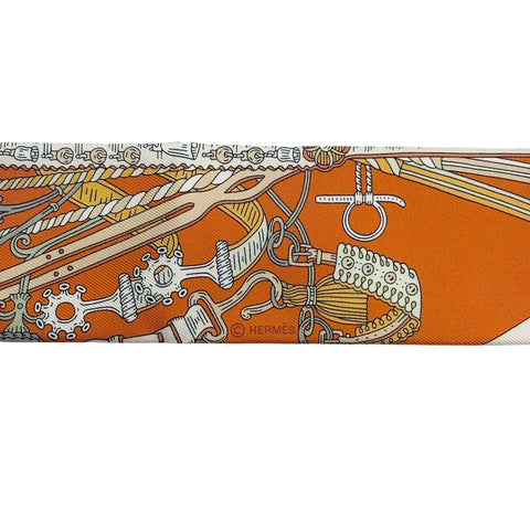 【新品未使用】 Hermes エルメス ツイリー＜鞍職人の花束＞ 小物 オランジュ・キュイ／白/ブラウン 100%シルク 新品未使用 100%SILK