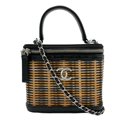 【美品】 CHANEL シャネル 2WAY VANITYBAG バニティバッグ ショルダーバッグ 29番台(2020年) ブラック×ベージュ ラタン×カーフスキン 中古 USED バッグ