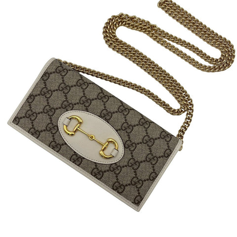 【美品】 GUCCI グッチ HORSEBIT CHAINWALLET ホースビット チェーンウォレット ベージュ系 キャンバス×レザー 中古 USED バッグ