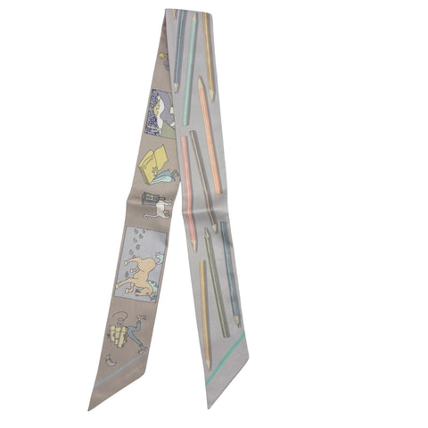 [Brand new, unused] Hermes Twilly "Bring out your colored pencils! Carré Reple" Accessory Gris Perle / Jaune Perle / Green 100% Silk Brand new, unused 100% SILK 