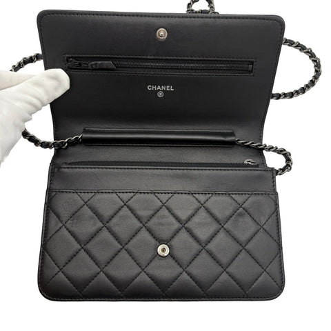 【中古】CHANEL シャネル WALLET ON CHAIN チェーンウォレット  21番台(2016年) ブラック ラムスキン 中古 USED バッグ 財布