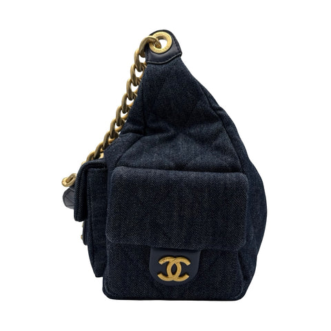 【美品】CHANEL シャネル  HOBO BAG ホーボバッグ ショルダーバッグ ICチップ(2025年) ネイビー系 デニム 中古 USED バッグ　2025年新作