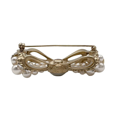 【中古】 CHANEL シャネル BROOCH リボン ブローチ  GP/フェイクパール/ラインストーン 中古