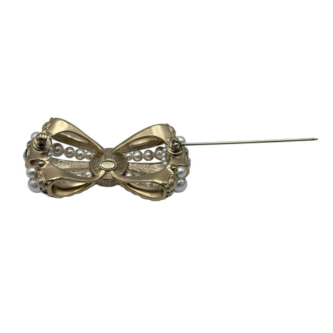 【中古】 CHANEL シャネル BROOCH リボン ブローチ  GP/フェイクパール/ラインストーン 中古
