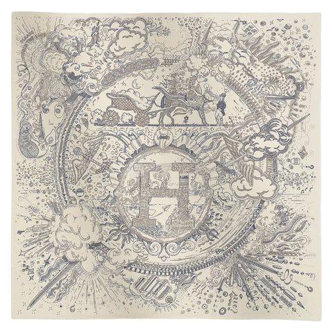 【新品未使用】 Hermes エルメス  カレ 90 《プリーズ・ホールド・ザ・ライン》 小物 クレーム / ブルー / グレー シルク100% 新品未使用