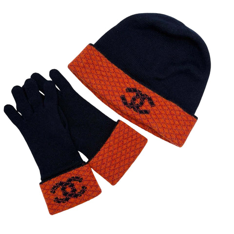 【美品】 CHANEL シャネル GLOVES HAT SET ニット帽 手袋 ２点セット 小物 ネイビー、オレンジ系  中古
